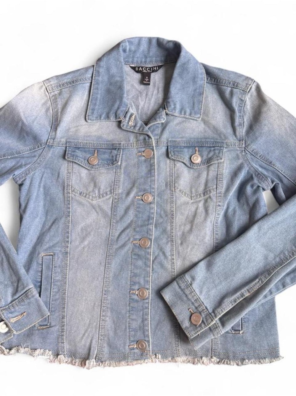 Baccini Light Wash Blue Denim Jacket with Frayed Hem
